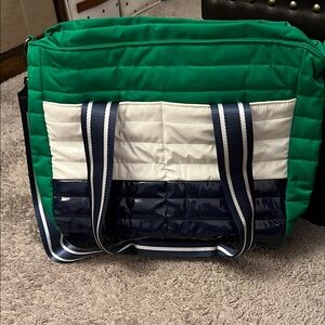 THINK ROYLN Green, White & Navy Quilted Tote with Striped Handles